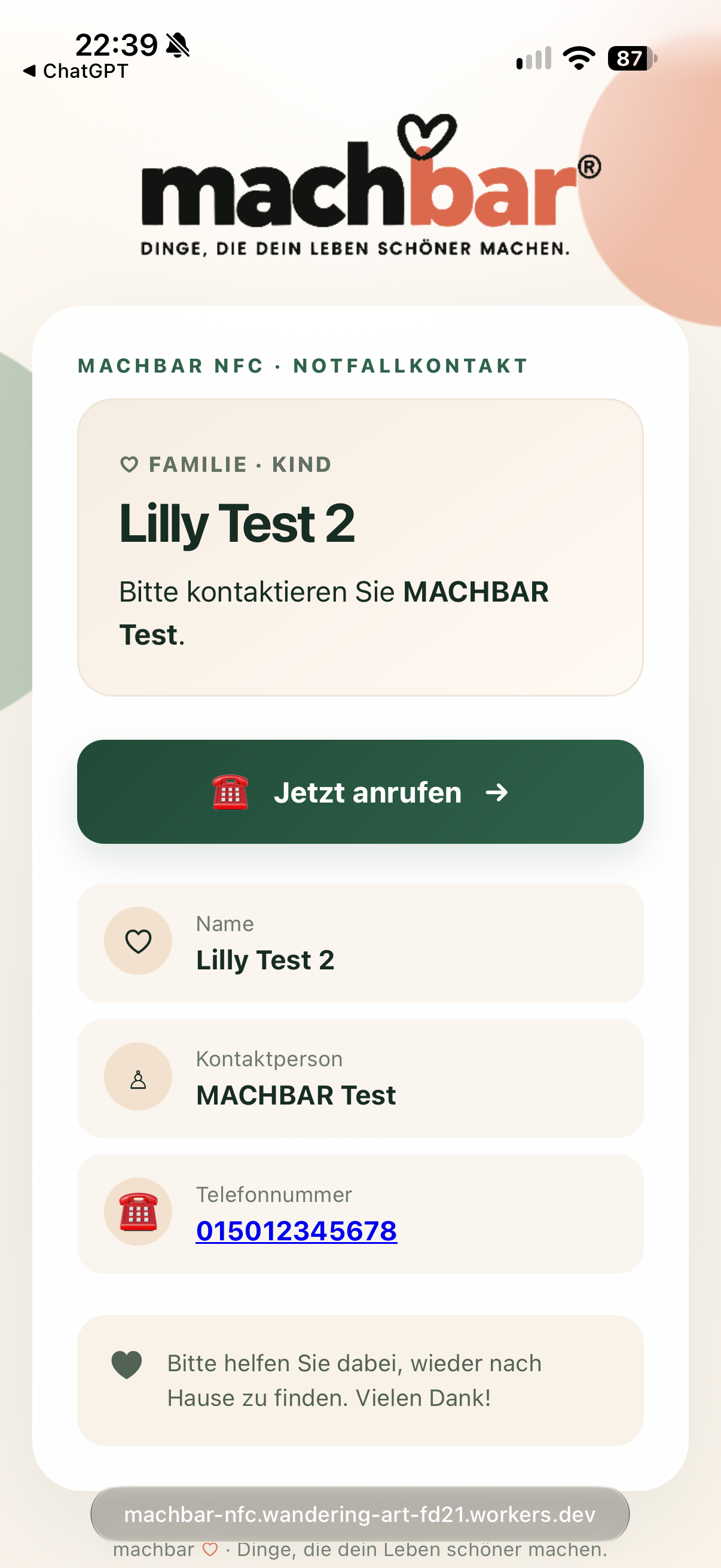 Originale MACHBAR NFC-App: Beispiel-Kontaktprofil Lilly Test 2 mit Kontaktperson und Anruf-Schaltfläche